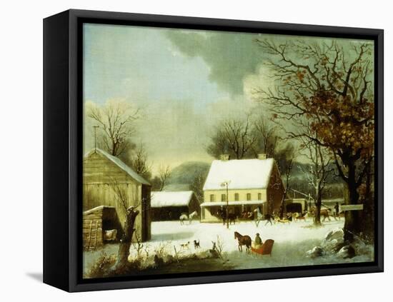 Inn Scene, Seven Miles to New Haven-George Henry Durrie-Framed Stretched Canvas