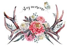 Watercolor Painting of Deer Antlers Decorated with Bouquet of Pink and White Peonies, Lilac, Berrie-Inna Sinano-Art Print