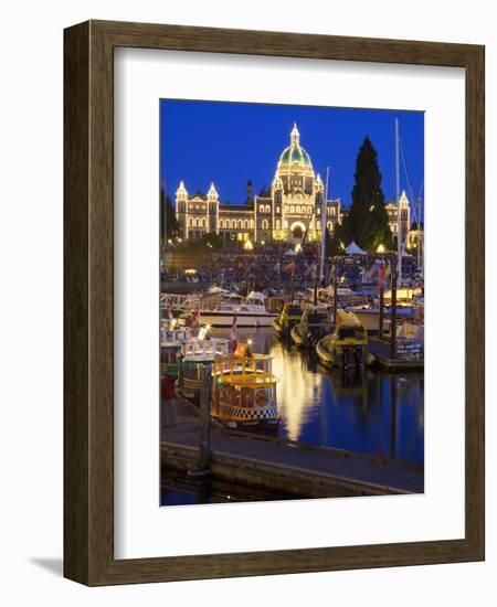 Inner Harbour with Parliament Building at Night, Victoria, Vancouver Island, British Columbia, Cana-Martin Child-Framed Photographic Print