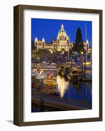 Inner Harbour with Parliament Building at Night, Victoria, Vancouver Island, British Columbia, Cana-Martin Child-Framed Photographic Print