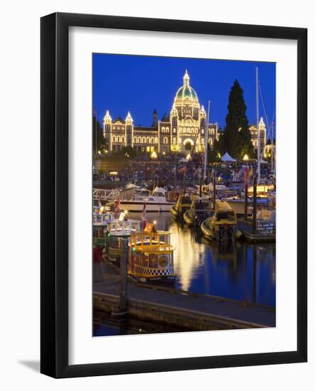 Inner Harbour with Parliament Building at Night, Victoria, Vancouver Island, British Columbia, Cana-Martin Child-Framed Photographic Print