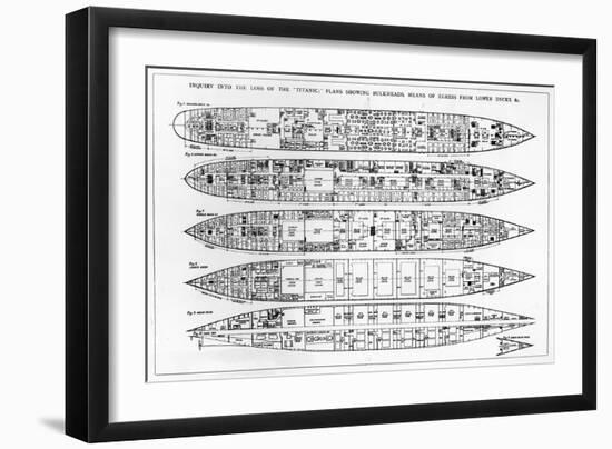 Inquiry in the Loss of the Titanic: Cross Sections of the Ship (Engraving) (B/W Photo)-English-Framed Giclee Print