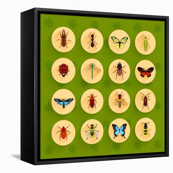 Insects round Button Flat Icons Set with Fly Dragonfly Bee Isolated Vector Illustration-Macrovector-Framed Stretched Canvas