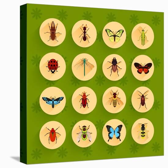 Insects round Button Flat Icons Set with Fly Dragonfly Bee Isolated Vector Illustration-Macrovector-Stretched Canvas