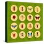 Insects round Button Flat Icons Set with Fly Dragonfly Bee Isolated Vector Illustration-Macrovector-Stretched Canvas