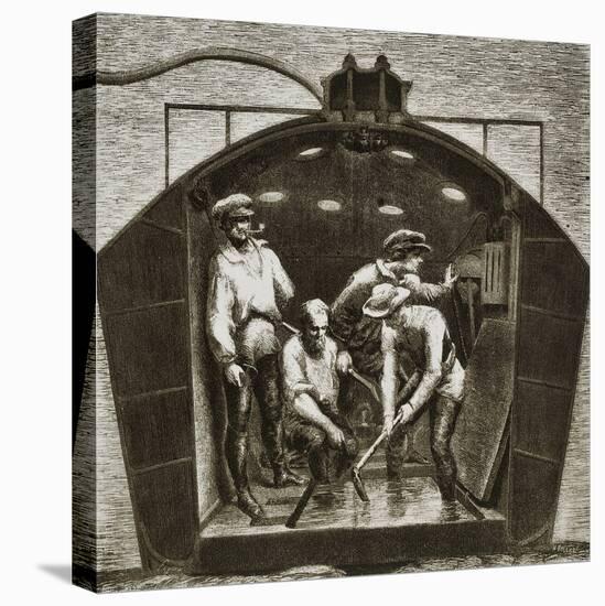 Inside the Nautilus, Diving Bell Tested in New York in 1857 by Hallet and the Count of Rottermunde,-null-Stretched Canvas