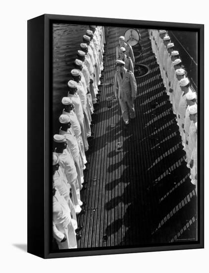 Inspection of Neatly Lined Up Personnel Aboard US Submarine at New London Submarine Base-Edward J^ Steichen-Framed Stretched Canvas