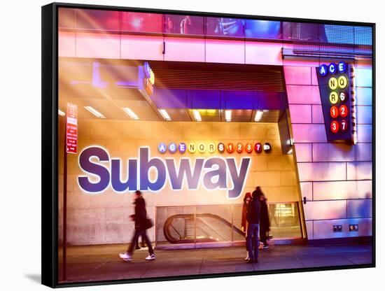 Instants of NY Series - Entrance of a Subway Station in Times Square - Urban Street Scene by Night-Philippe Hugonnard-Framed Stretched Canvas