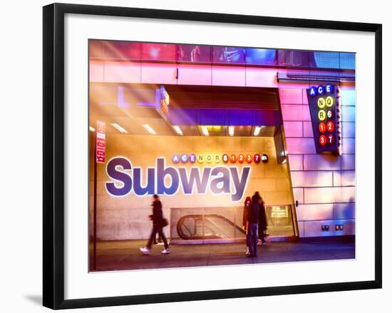 Instants of NY Series - Entrance of a Subway Station in Times Square - Urban Street Scene by Night-Philippe Hugonnard-Framed Photographic Print