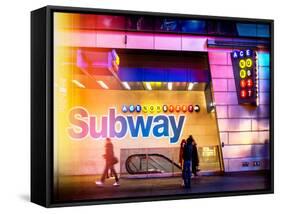 Instants of NY Series - Entrance of a Subway Station in Times Square - Urban Street Scene by Night-Philippe Hugonnard-Framed Stretched Canvas