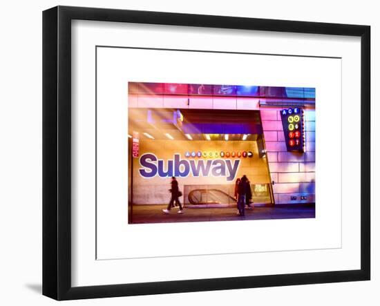 Instants of NY Series - Entrance of a Subway Station in Times Square - Urban Street Scene by Night-Philippe Hugonnard-Framed Art Print