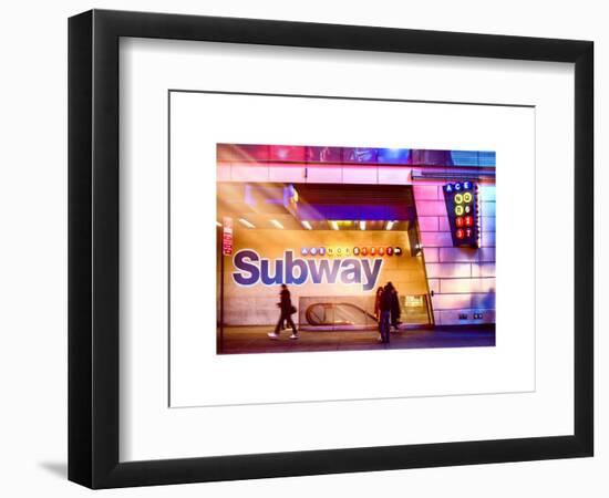 Instants of NY Series - Entrance of a Subway Station in Times Square - Urban Street Scene by Night-Philippe Hugonnard-Framed Art Print