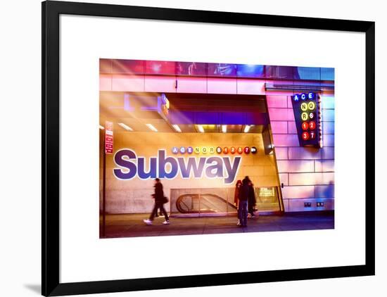 Instants of NY Series - Entrance of a Subway Station in Times Square - Urban Street Scene by Night-Philippe Hugonnard-Framed Art Print