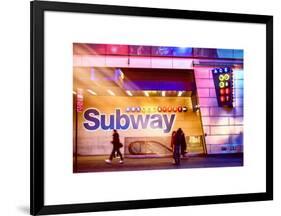 Instants of NY Series - Entrance of a Subway Station in Times Square - Urban Street Scene by Night-Philippe Hugonnard-Framed Art Print