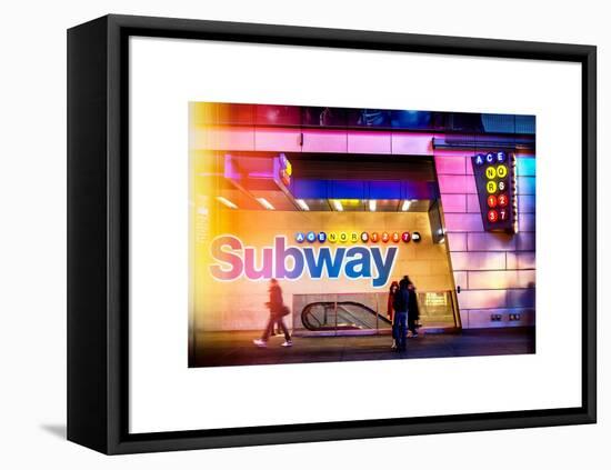 Instants of NY Series - Entrance of a Subway Station in Times Square - Urban Street Scene by Night-Philippe Hugonnard-Framed Stretched Canvas