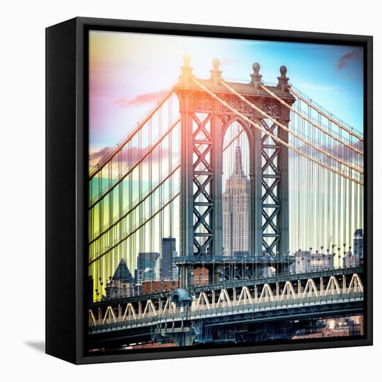 Instants of NY Series - Manhattan Bridge with Empire State Building Center from Brooklyn Bridge-Philippe Hugonnard-Framed Stretched Canvas