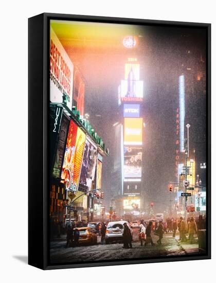 Instants of NY Series - NYC Urban Scene at Times Square during a Snowstorm by Night-Philippe Hugonnard-Framed Stretched Canvas