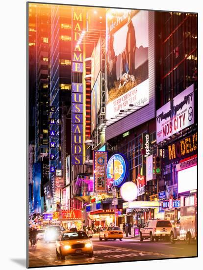 Instants of NY Series - NYC Urban Scene with Yellow Taxis by Night - 42nd Street and Times Square-Philippe Hugonnard-Mounted Photographic Print