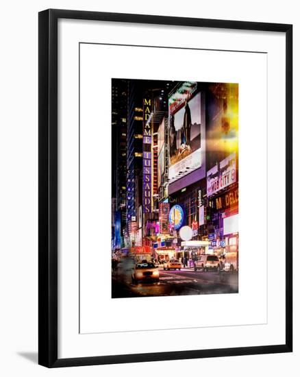 Instants of NY Series - NYC Urban Scene with Yellow Taxis by Night - 42nd Street and Times Square-Philippe Hugonnard-Framed Art Print