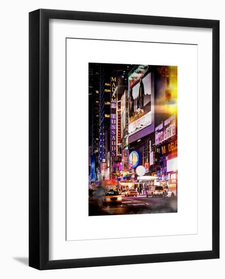 Instants of NY Series - NYC Urban Scene with Yellow Taxis by Night - 42nd Street and Times Square-Philippe Hugonnard-Framed Art Print