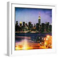 Instants of NY Series - Skyline of the Skyscrapers of Manhattan by Night from Brooklyn-Philippe Hugonnard-Framed Photographic Print