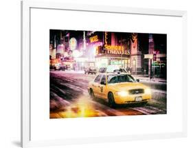 Instants of NY Series - Snowstorm on 42nd Street in Times Square with Yellow Cab by Night-Philippe Hugonnard-Framed Art Print