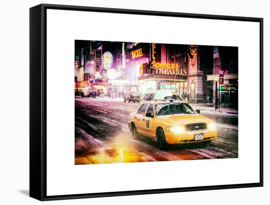 Instants of NY Series - Snowstorm on 42nd Street in Times Square with Yellow Cab by Night-Philippe Hugonnard-Framed Stretched Canvas