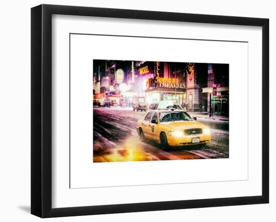 Instants of NY Series - Snowstorm on 42nd Street in Times Square with Yellow Cab by Night-Philippe Hugonnard-Framed Art Print