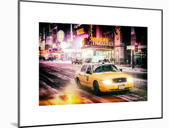 Instants of NY Series - Snowstorm on 42nd Street in Times Square with Yellow Cab by Night-Philippe Hugonnard-Mounted Art Print