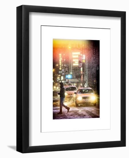 Instants of NY Series - Yellow Taxis at Times Square during a Snowstorm by Night-Philippe Hugonnard-Framed Art Print