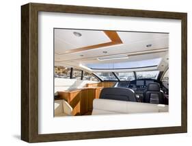 Instrument Panel and Steering Wheel at a Motor Boat Cockpit (Yacht Control Bridge)-rjmiguel-Framed Photographic Print