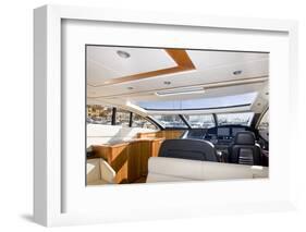 Instrument Panel and Steering Wheel at a Motor Boat Cockpit (Yacht Control Bridge)-rjmiguel-Framed Photographic Print