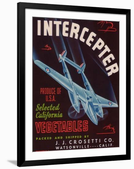 Intercepter Vegetable Label - Watsonville, CA-Lantern Press-Framed Art Print