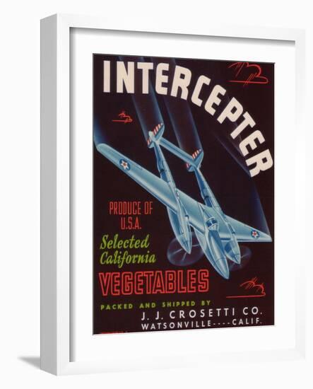 Intercepter Vegetable Label - Watsonville, CA-Lantern Press-Framed Art Print