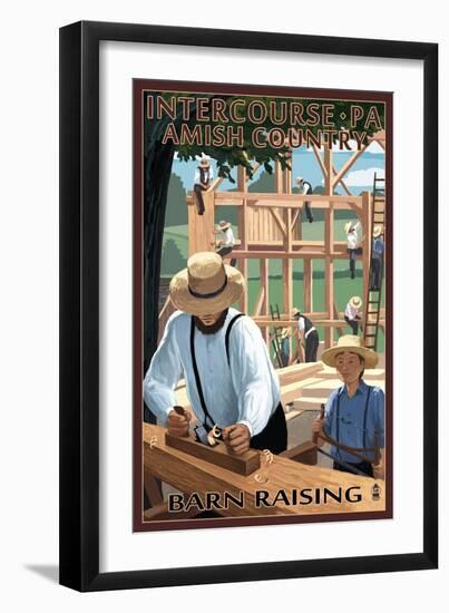 Intercourse, Pennsylvania - Amish Barn Raising-Lantern Press-Framed Art Print
