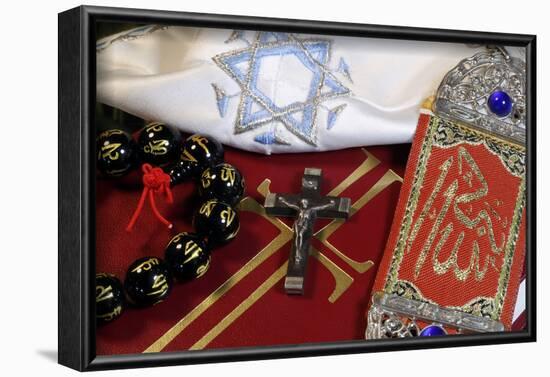 Interfaith symbols of Bible, crucifix, Kippah, Allah monogram and Mala-Godong-Framed Photographic Print