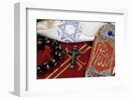 Interfaith symbols of Bible, crucifix, Kippah, Allah monogram and Mala-Godong-Framed Photographic Print