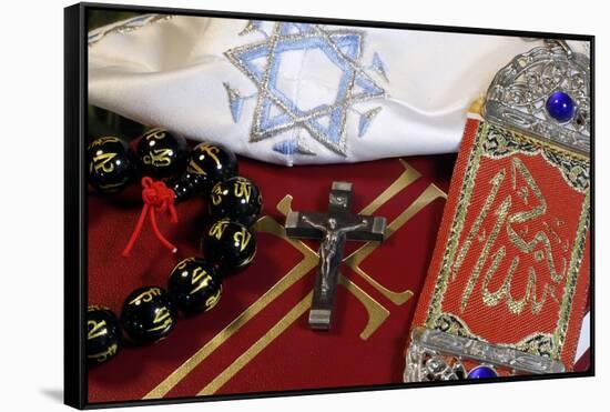 Interfaith symbols of Bible, crucifix, Kippah, Allah monogram and Mala-Godong-Framed Stretched Canvas