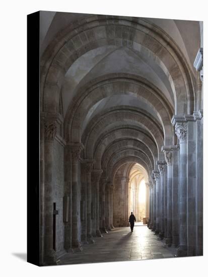 Interior North Nave Aisle with Priest Walking Away, Vezelay Abbey, UNESCO World Heritage Site, Veze-Nick Servian-Stretched Canvas