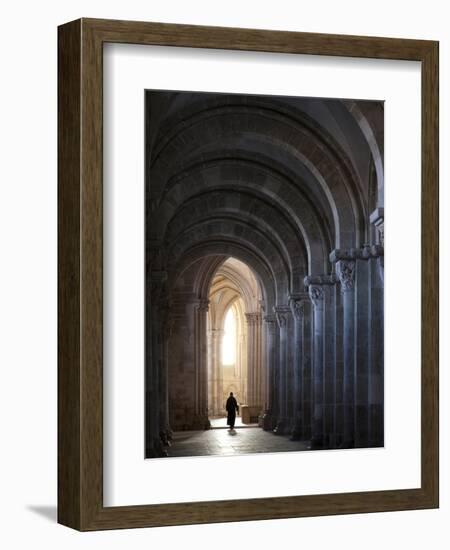 Interior North Nave Aisle with Priest Walking Away, Vezelay Abbey, UNESCO World Heritage Site, Veze-Nick Servian-Framed Photographic Print