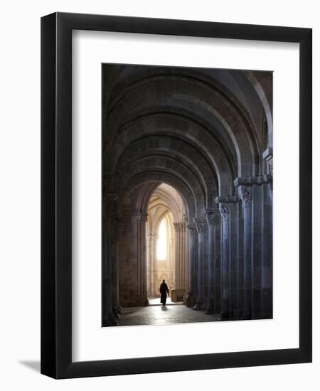 Interior North Nave Aisle with Priest Walking Away, Vezelay Abbey, UNESCO World Heritage Site, Veze-Nick Servian-Framed Photographic Print