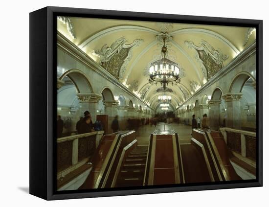 Interior of a Metro Station, with Ceiling Frescoes, Chandeliers and Marble Halls, Moscow, Russia-Gavin Hellier-Framed Stretched Canvas