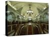 Interior of a Metro Station, with Ceiling Frescoes, Chandeliers and Marble Halls, Moscow, Russia-Gavin Hellier-Stretched Canvas