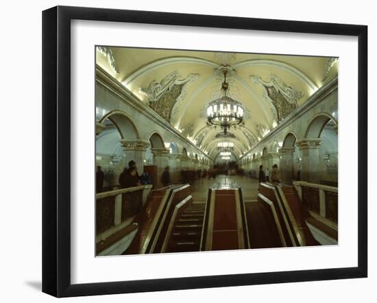 Interior of a Metro Station, with Ceiling Frescoes, Chandeliers and Marble Halls, Moscow, Russia-Gavin Hellier-Framed Photographic Print