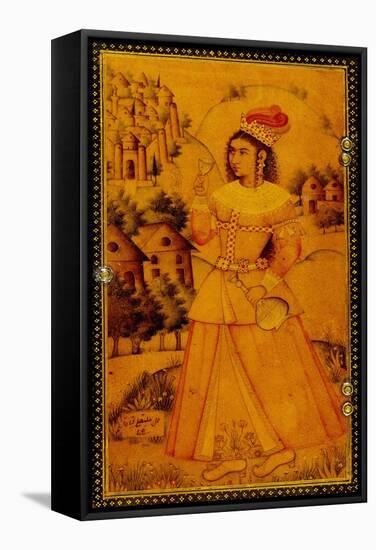 Interior of a Mirror Case Painted with a Stylised European Lady Holding a Wine Cup and Bottle-null-Framed Stretched Canvas