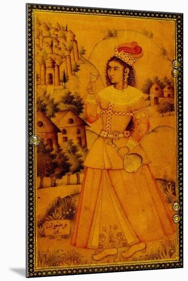 Interior of a Mirror Case Painted with a Stylised European Lady Holding a Wine Cup and Bottle-null-Mounted Giclee Print