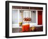 Interior of an Autumn Patio. Swing is Adorned with Autumn Leaves and Orange Knitted Plaid. Basket W-null-Framed Photographic Print