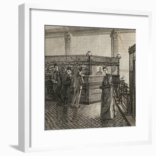 Interior of Early Bank with Customers-null-Framed Giclee Print