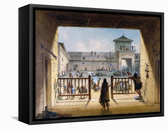 Interior of Fort Laramie with American Soldiers and Native Americans-Alfred Jacob Miller-Framed Stretched Canvas