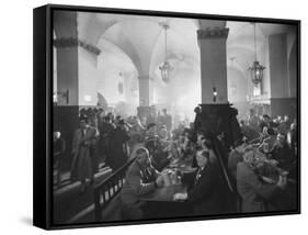 Interior of Munich Beer Hall, People Sitting at Long Tables, Toasting-Ralph Crane-Framed Stretched Canvas